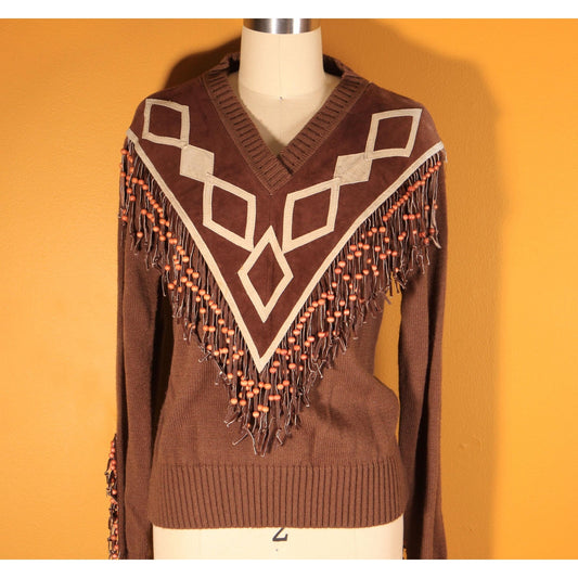 1970s Brown Suede Leather Fringe Beaded Pullover Sweater by Miller Miller Miller -L