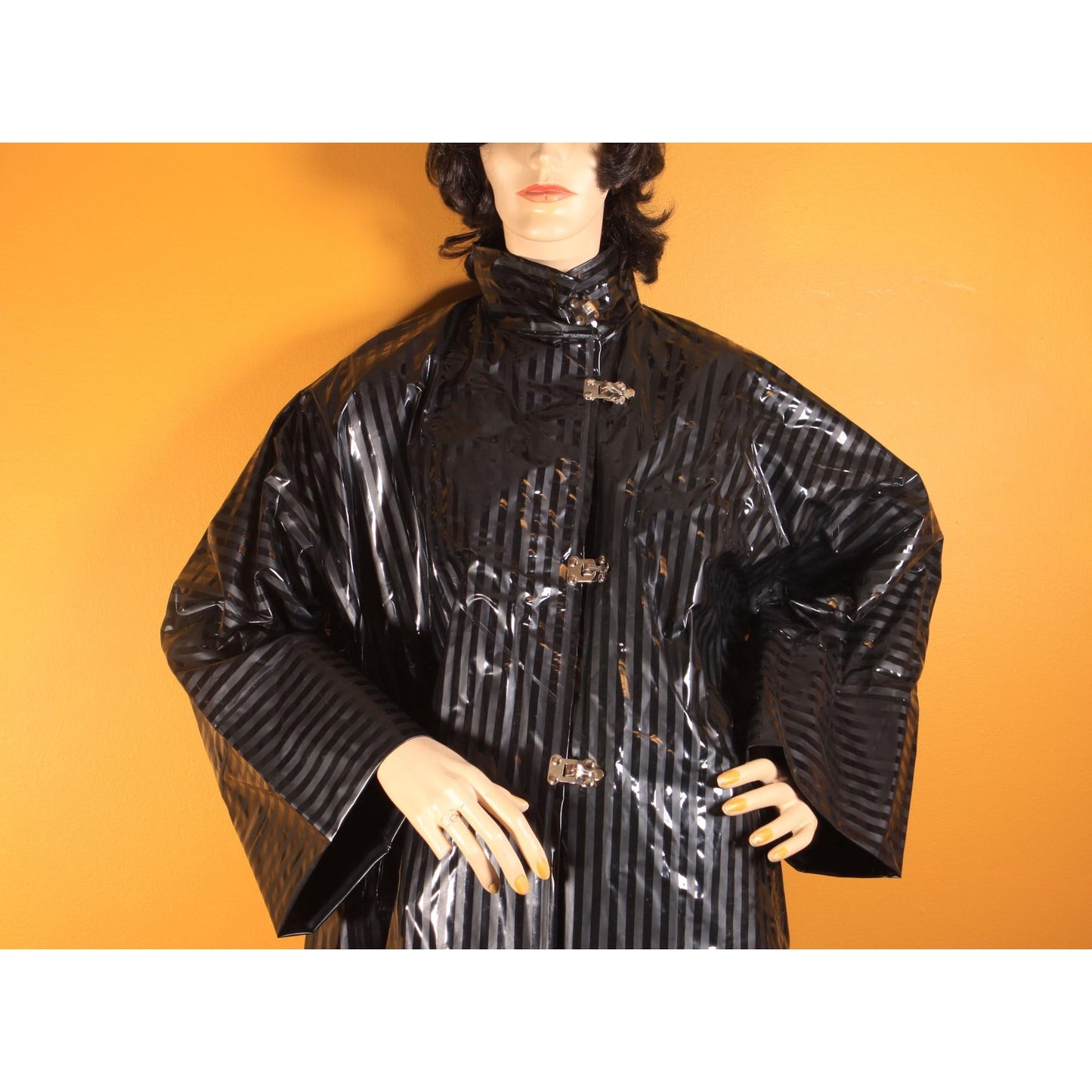 1980s Black Striped Long Sleeve Vinyl Metal Hardware New Wave Goth Raincoat by Waterfalls