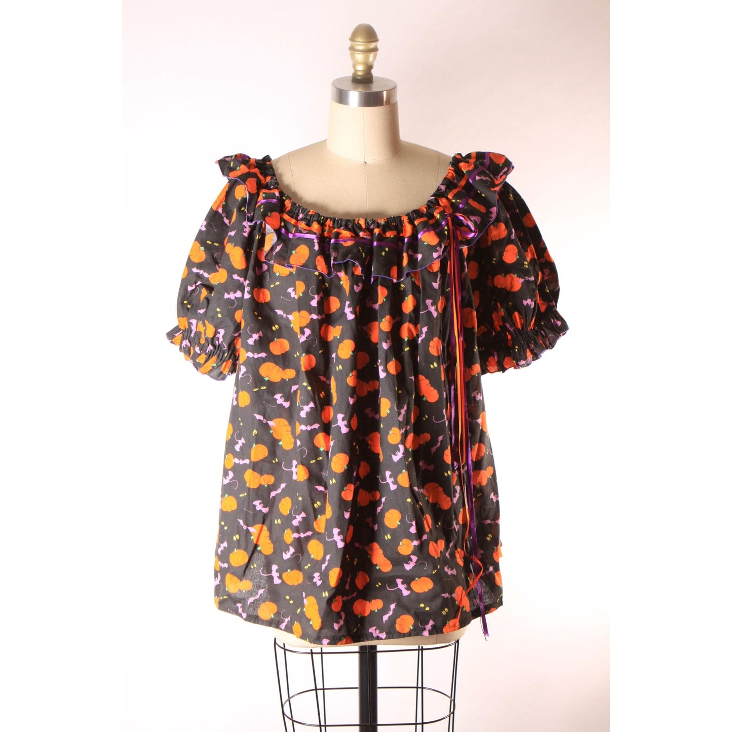 1980s Novelty Halloween Pumpkins and Bats Black, Orange and Purple Short Sleeve Square Dance Blouse