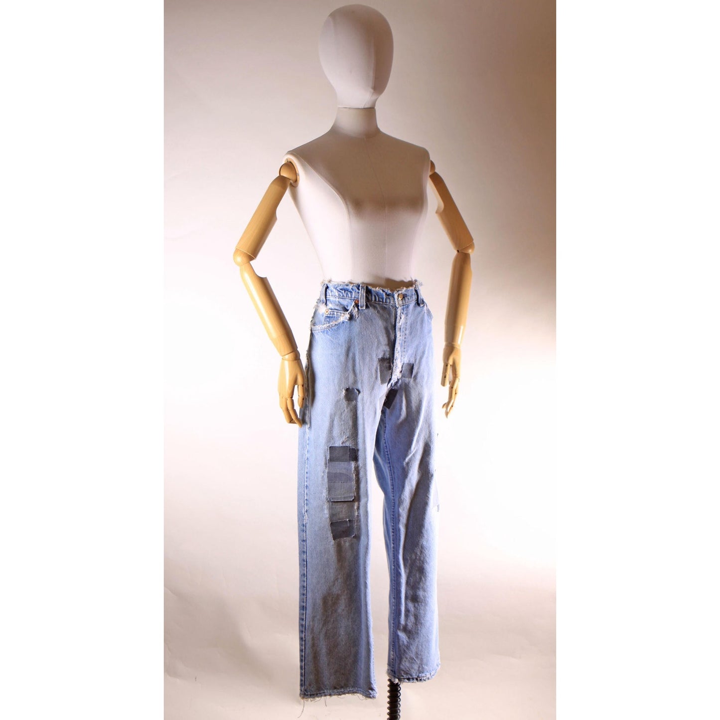 1980s Distressed Patch Fraying Blue Denim Orange Tab 517 Jeans by Levi's -38x30