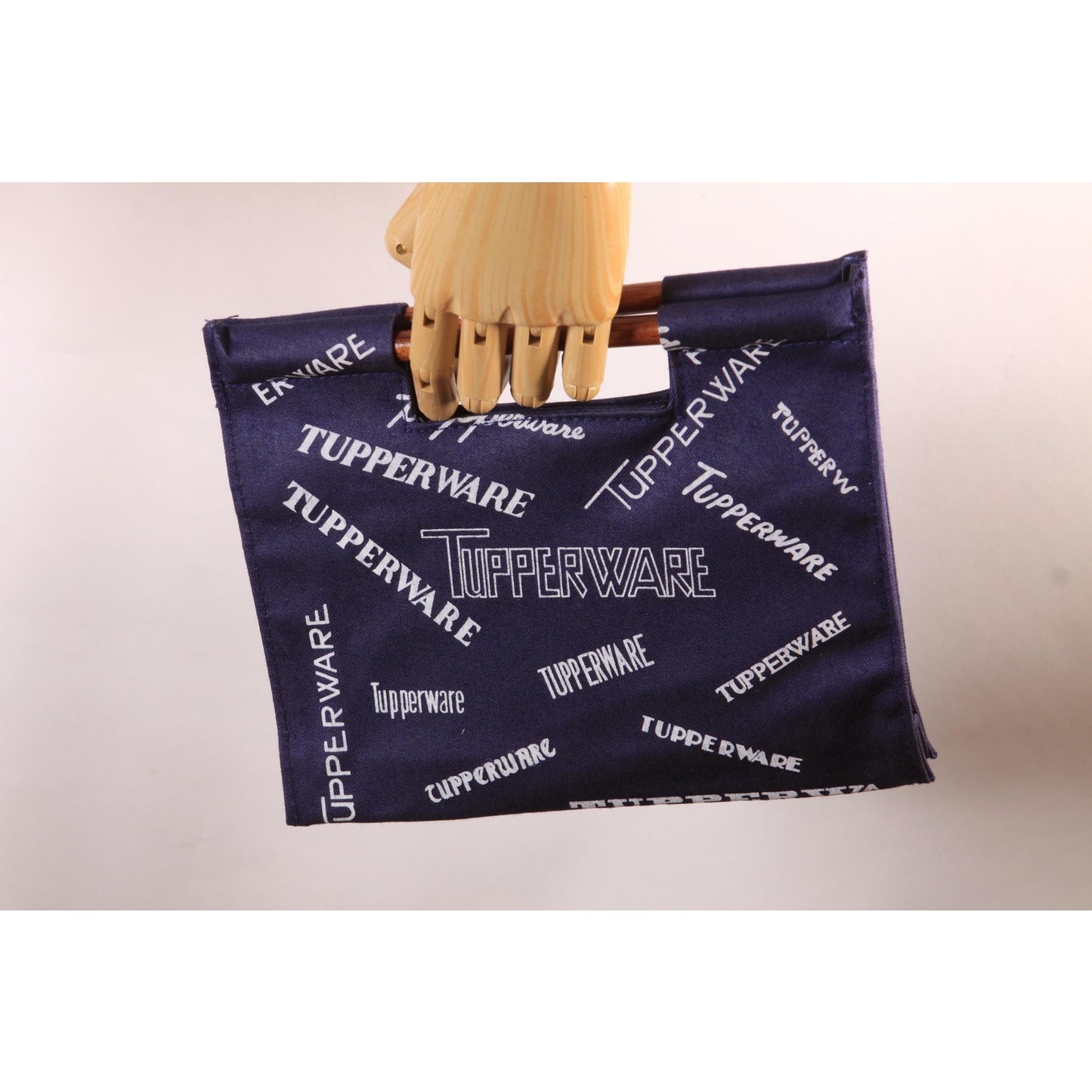 Deadstock 1970s Navy Blue and White Novelty Tupperware Advertisement Wood Top Handle Purse Bag