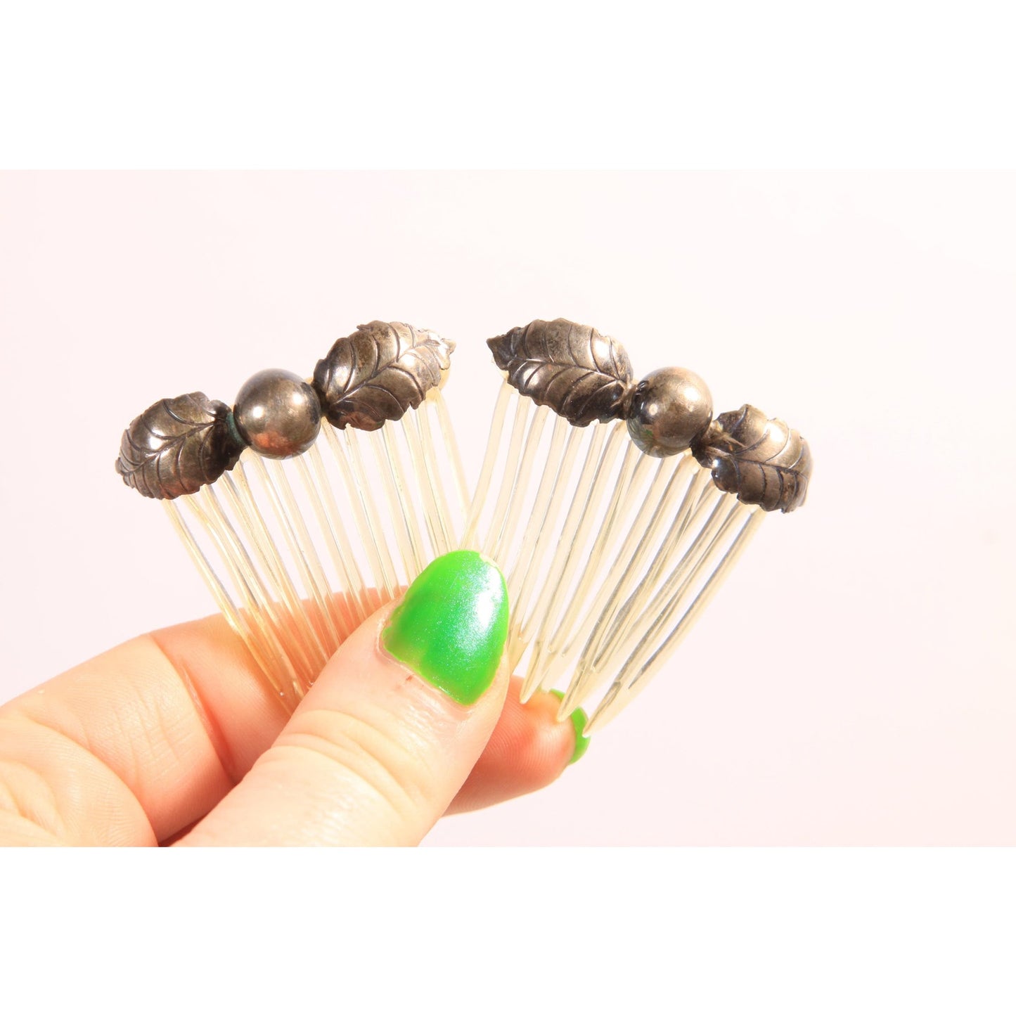 1920s 1930s Silver Leaf Metal and Plastic Set of 2 Hair Combs