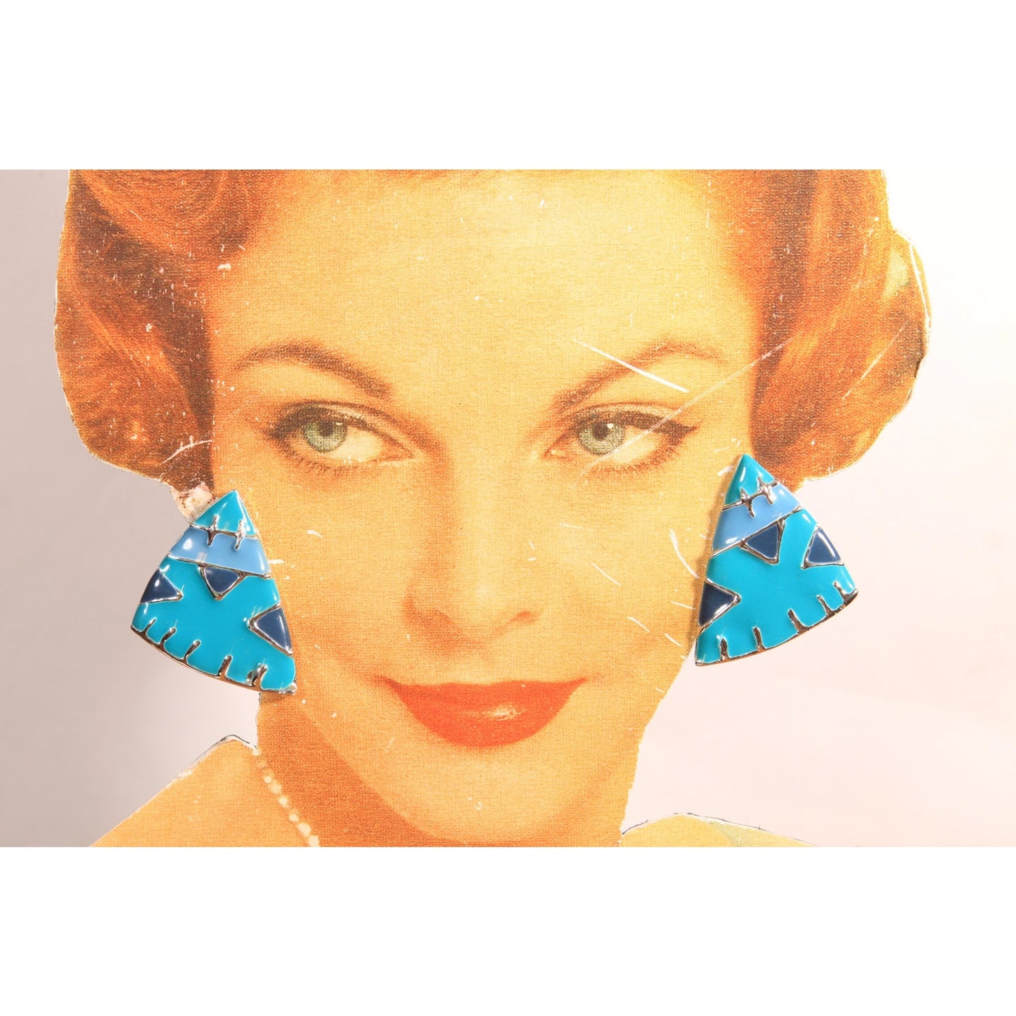 1950s Turquoise Blue and Navy Blue Geometric Triangle Metal Pierced Earrings
