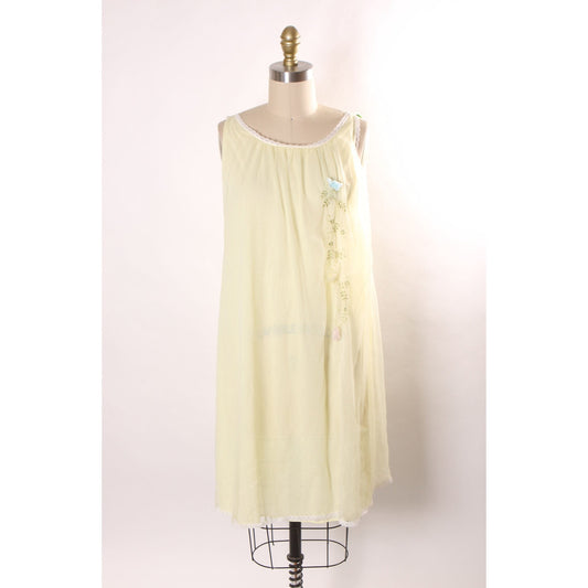 1950s 1960s Yellow, Green and Blue 3D Flower Floral Nylon Lingerie Night Gown by Nan Flower -L