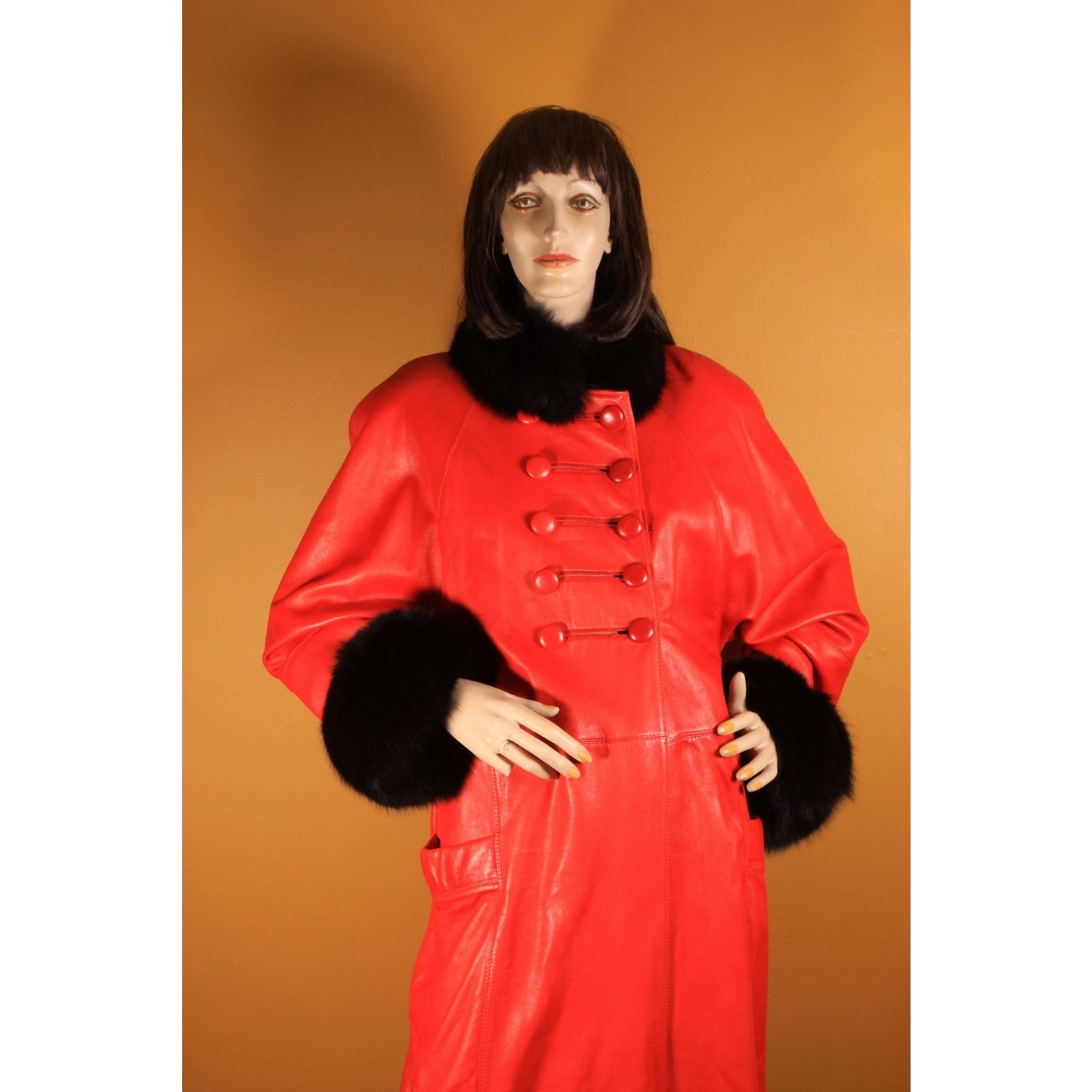 1980s Red Leather and Black Fox Fur Trim Long Sleeve Coat by McDaniel's -XL