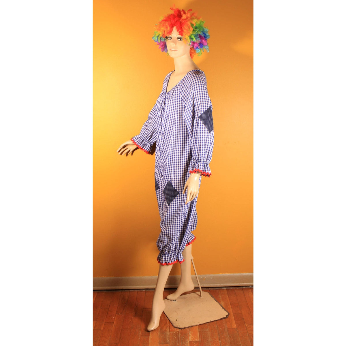 1960s 1970s Blue, White and Red Ric Rac Trim Patchwork Polka Dot One Piece Childs or Preteen Clown Costume