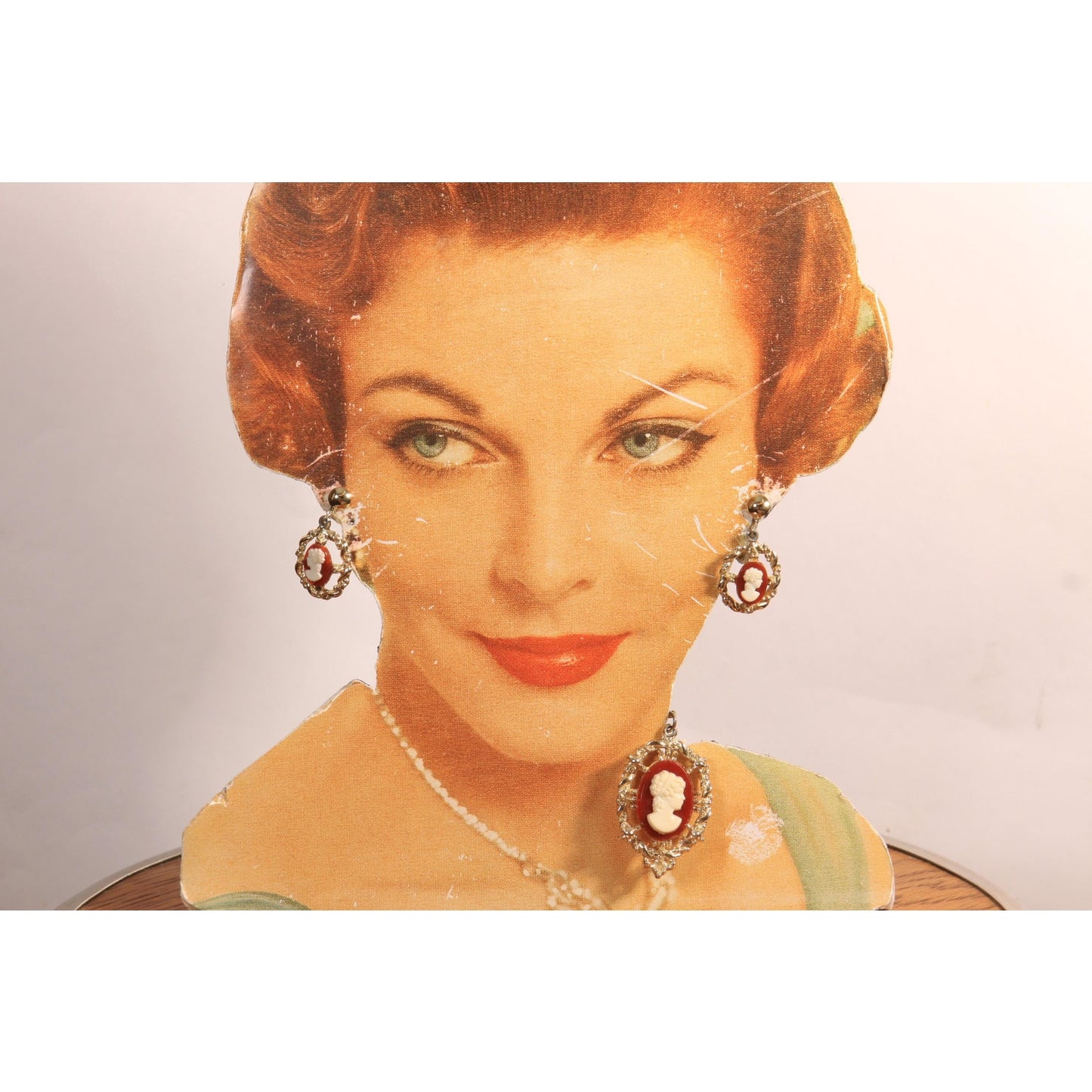 1950s Gold Tone Metal Cameo Screw Back Earrings with Matching Necklace Pendant