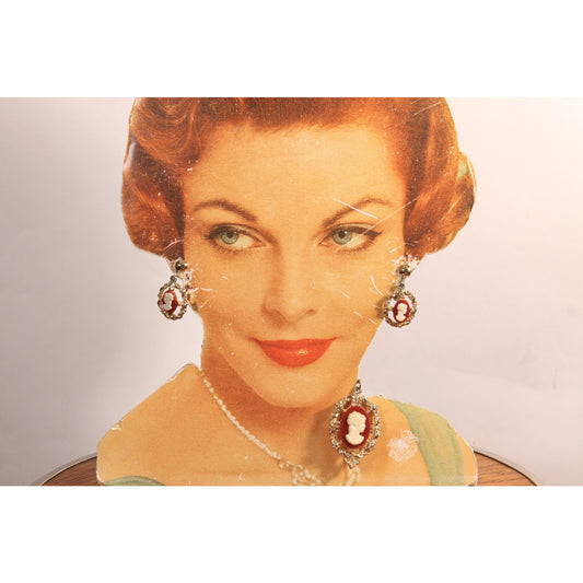 1950s Gold Tone Metal Cameo Screw Back Earrings with Matching Necklace Pendant