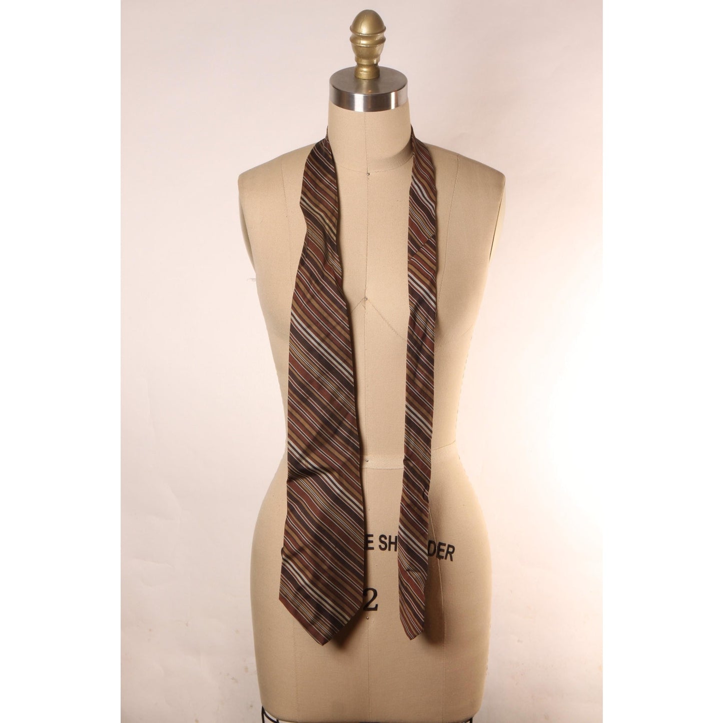 1970s Brown and Tan Dacron Polyester and Silk Striped Wide Necktie Tie by Damon
