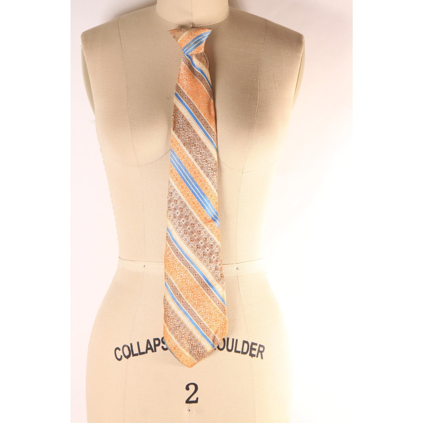 1970s Orange, Cream, Brown and Blue Striped Clip On Tie by Prince Consort