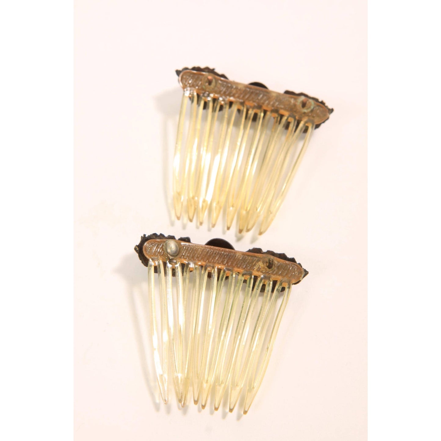 1920s 1930s Silver Leaf Metal and Plastic Set of 2 Hair Combs