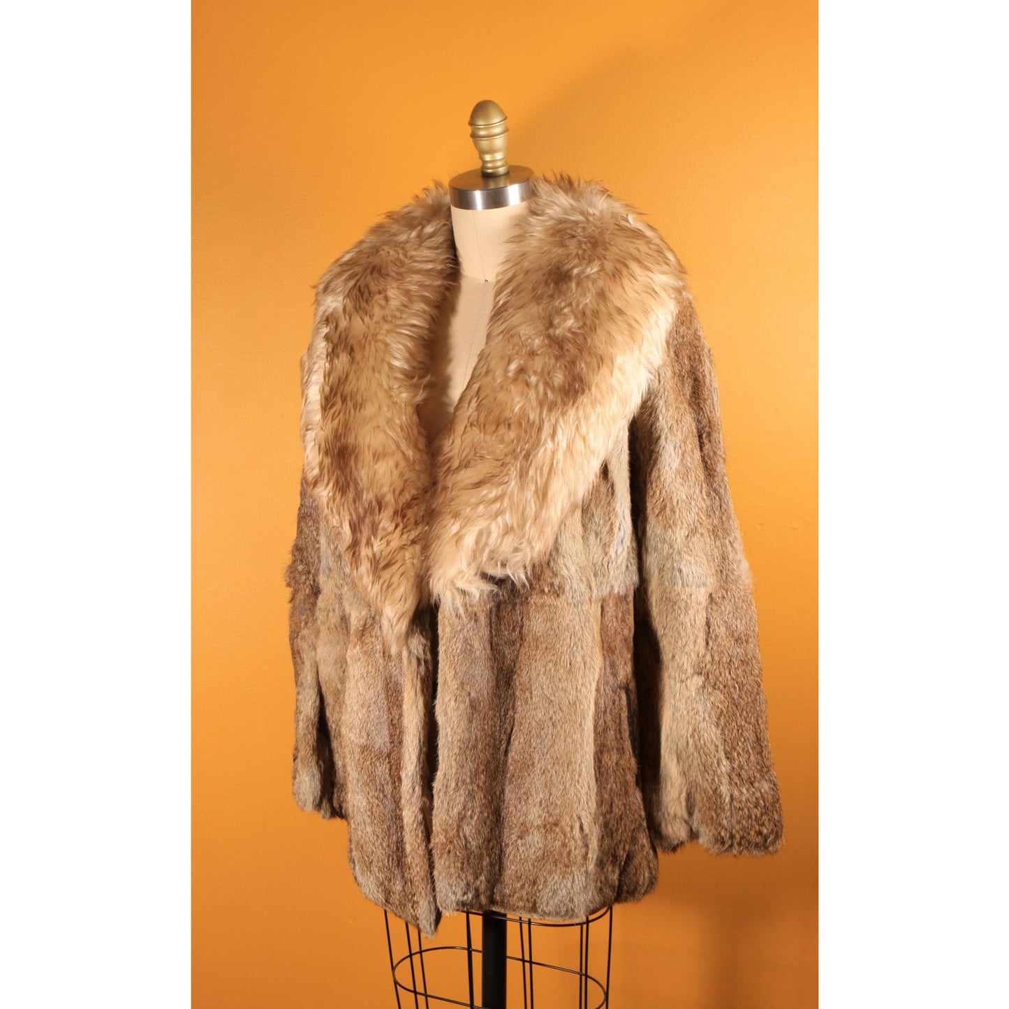 1970s Brown and Gray Rabbit Fur and Shearling Trim Collar Coat by Montgomery Ward -M-L