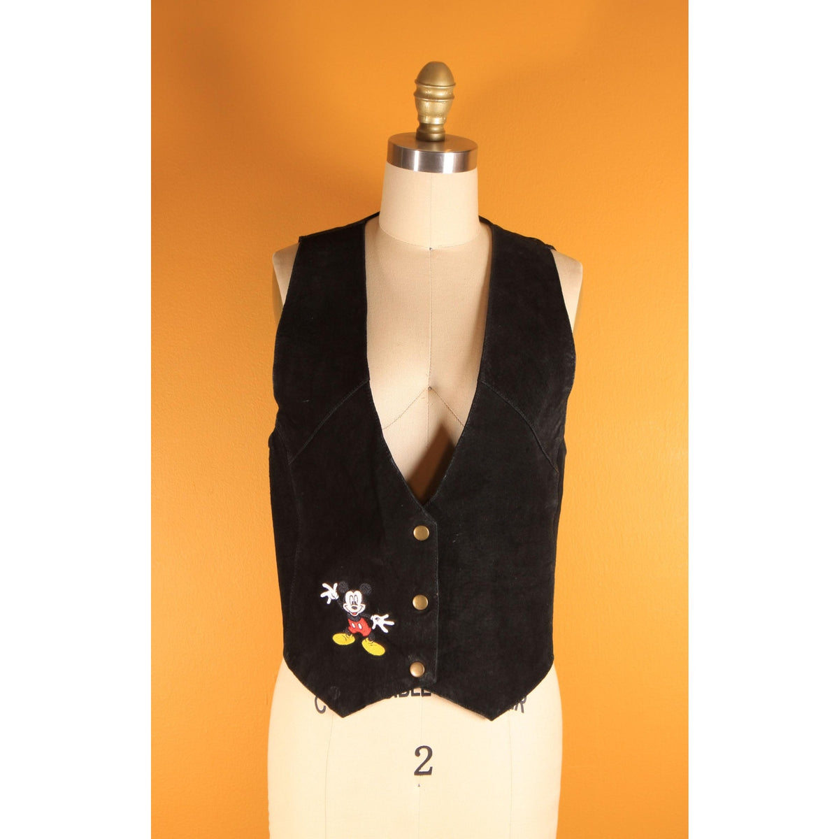 1980s 1990s Black Suede Leather Embroidered Mickey Mouse Vest by Mickey Unlimited -S/M