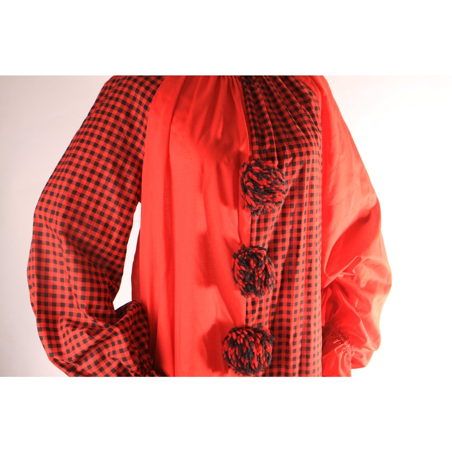 1970s Red and Black Plaid One Piece Pom Pom Halloween Clown Costume