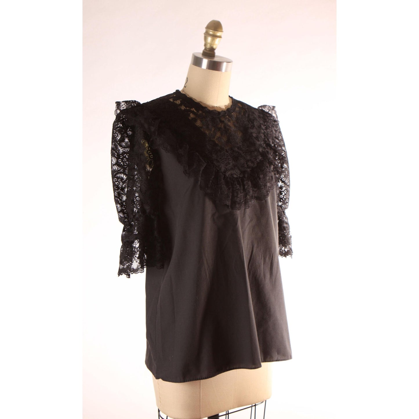 1970s Early 1980s Black Sheer Lace Puffy Sleeve Square Dance Gothic Blouse by Square Up -S