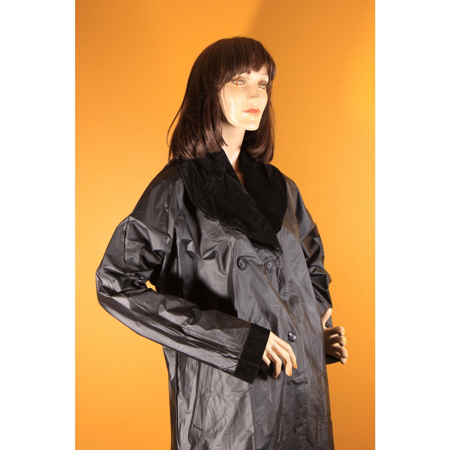 1980s Black Vinyl Velvet Trim Button Down Raincoat -XL