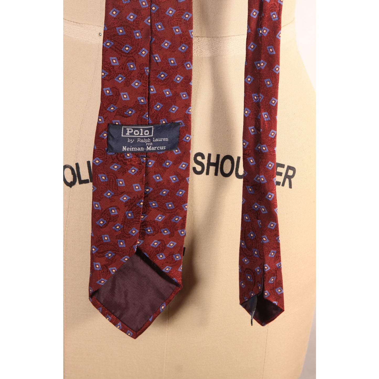 1990s Red and Blue Geometric Necktie Tie by Polo by Ralph Lauren for Neiman Marcus