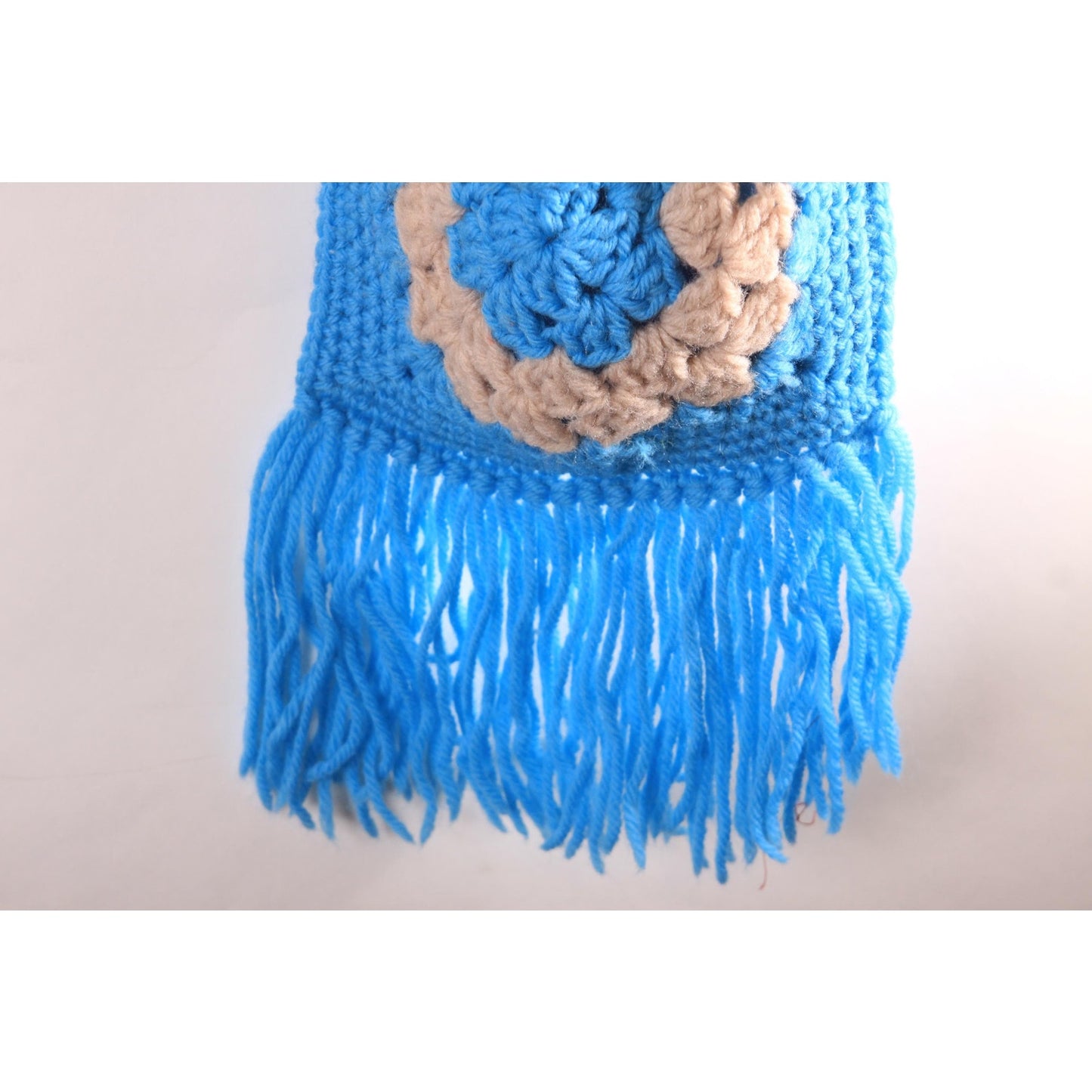 1970s Turquoise Blue and Tan Crochet Granny Square Fringe Drawstring Purse Bag