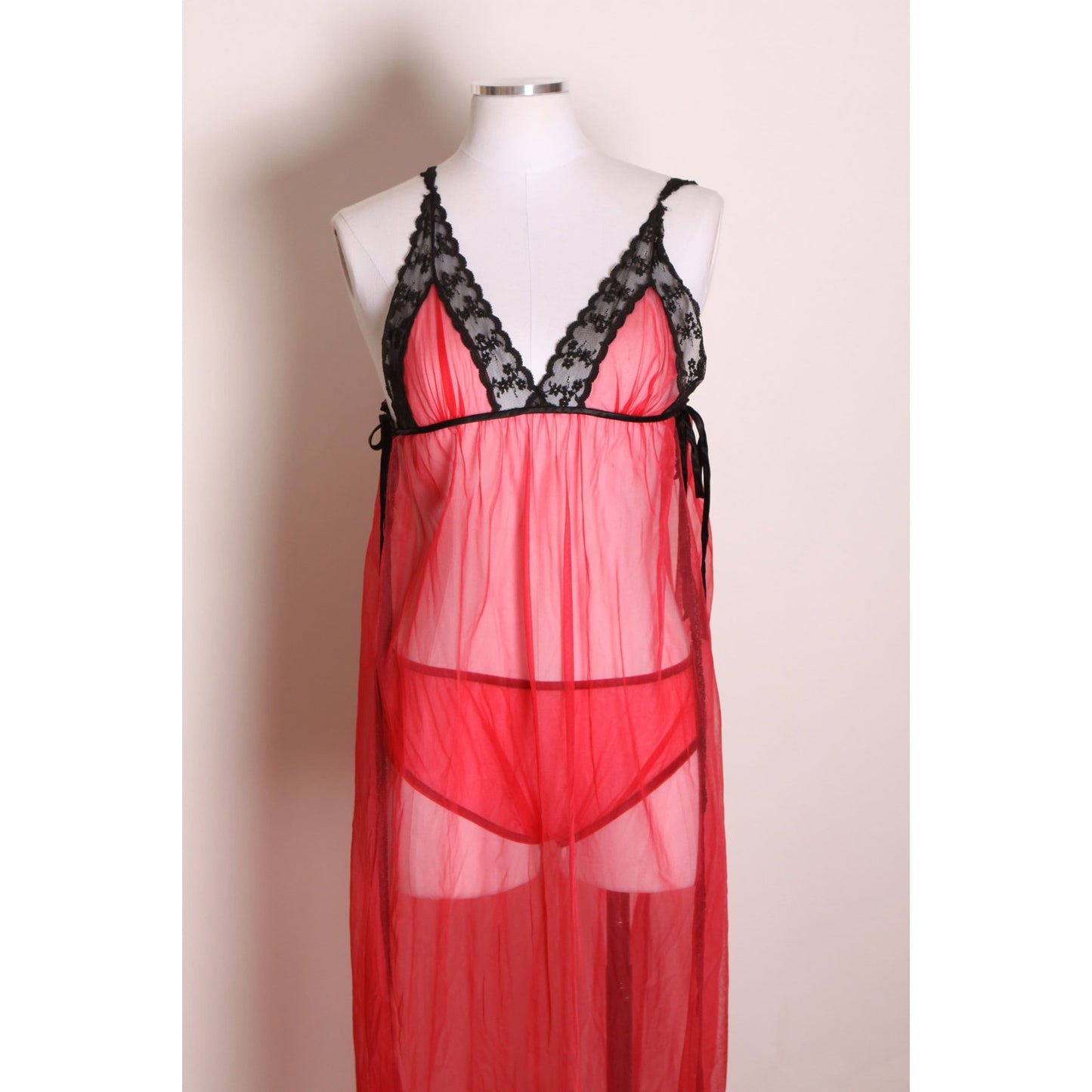 1960s Red and Black Lingerie Open Side Night Gown with Matching Panties and Open Sleeve Robe Lingerie Set -S