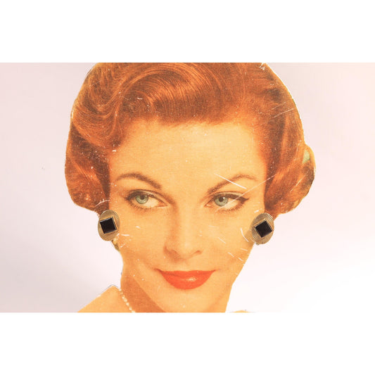 1950s Gold Tone Metal and Black Stone Oval Screw Back Earrings