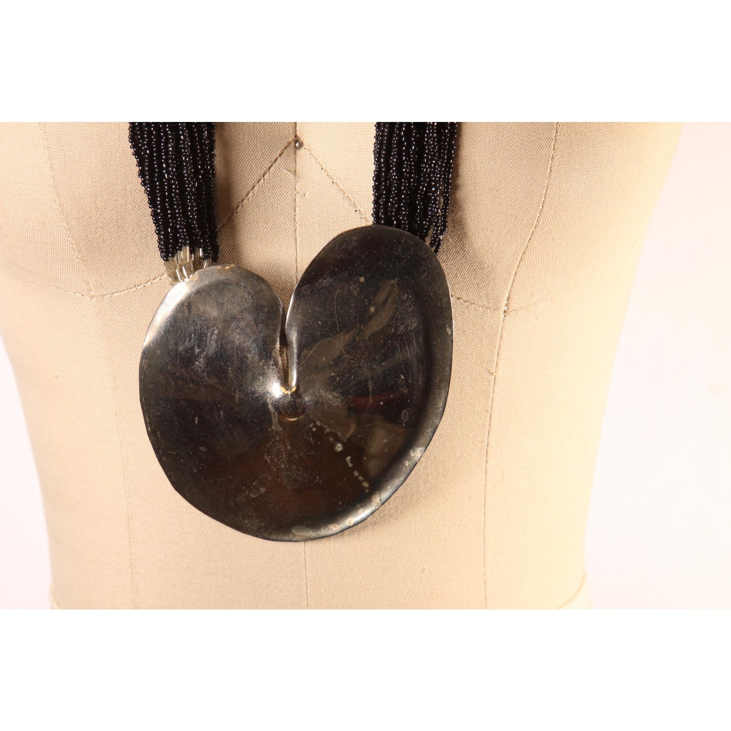 1970s 1980s Black and Silver Tone Metal Beaded Heart Oversized Chunky Pendant Necklace