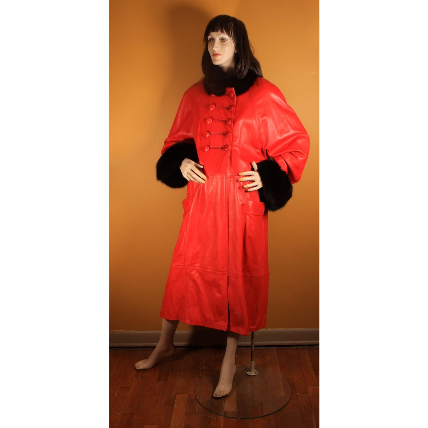 1980s Red Leather and Black Fox Fur Trim Long Sleeve Coat by McDaniel's -XL