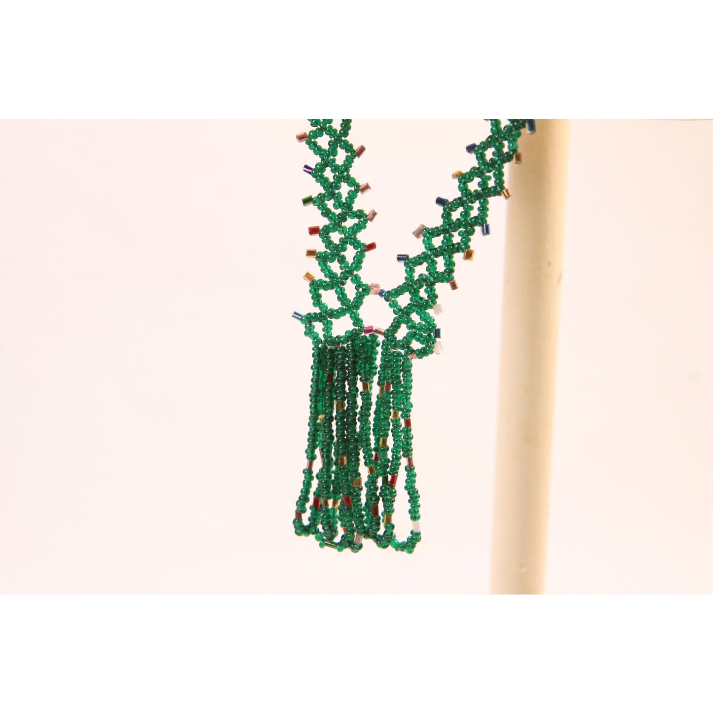 1920s Dark Green Glass Beaded Tassel Fringe Flapper Necklace