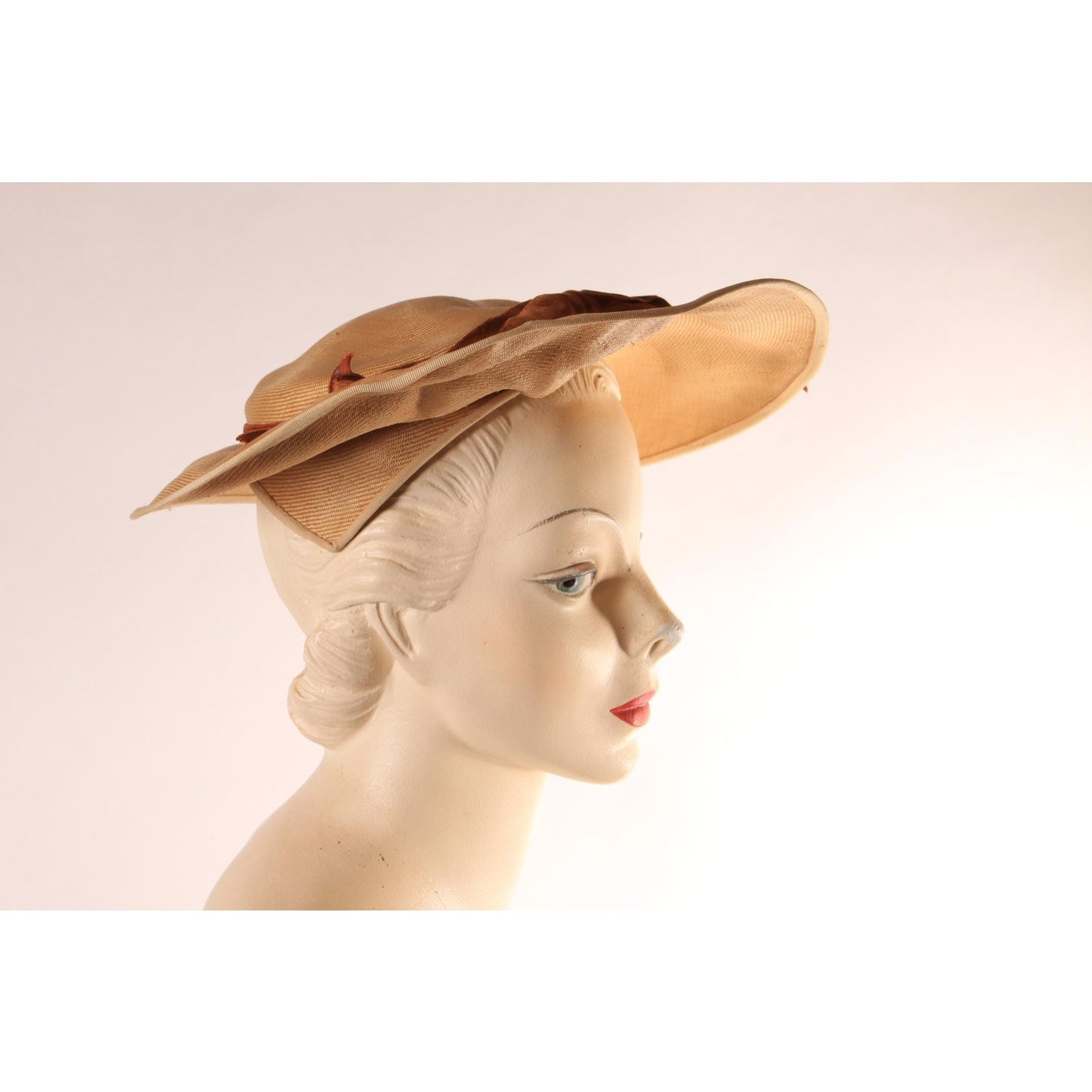 1940s Tan Straw Hat with Brown Velvet Bow Formal Wide Brim Sun Hat by Lady Beatrice Model
