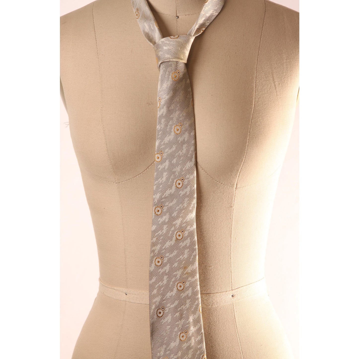1950s Gray, White and Yellow Circle Atomic Necktie Tie by Maurice L. Rothschild & Co.