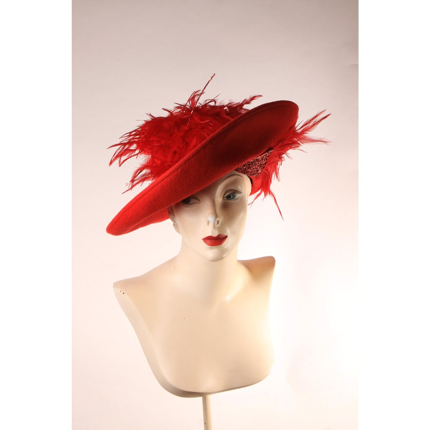 1980s Red Wool Felt Wide Brim Glitter and Feather Avant Garde Formal Hat by Deborah Fashions