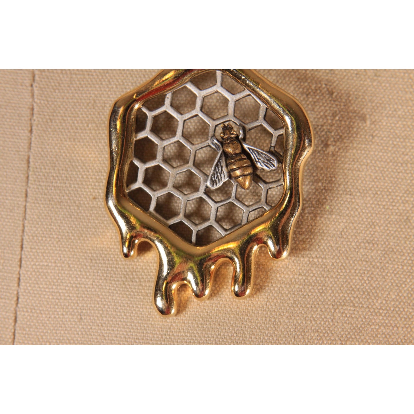 1980s Gold Tone and Silver Tone Metal Novelty Honey Beehive Bee Brooch