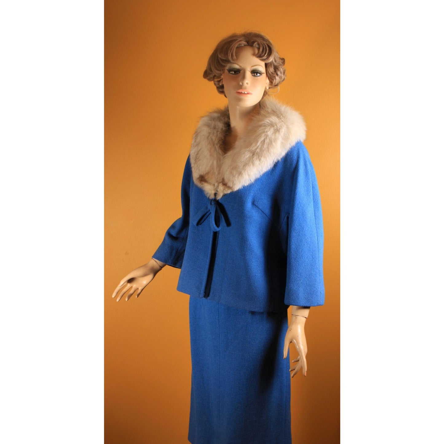 Early 1960s Blue Bracelet Sleeve Fox Fur Collar Jacket with Matching Pencil Skirt Suit Two Piece Outfit by Lilli Ann -1XL