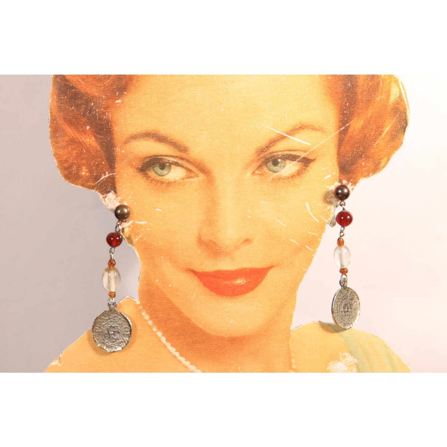 1990s Multi Colored Beaded Faux Coin Dangle Pierced Earrings