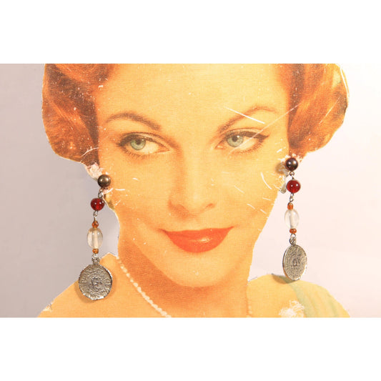 1990s Multi Colored Beaded Faux Coin Dangle Pierced Earrings