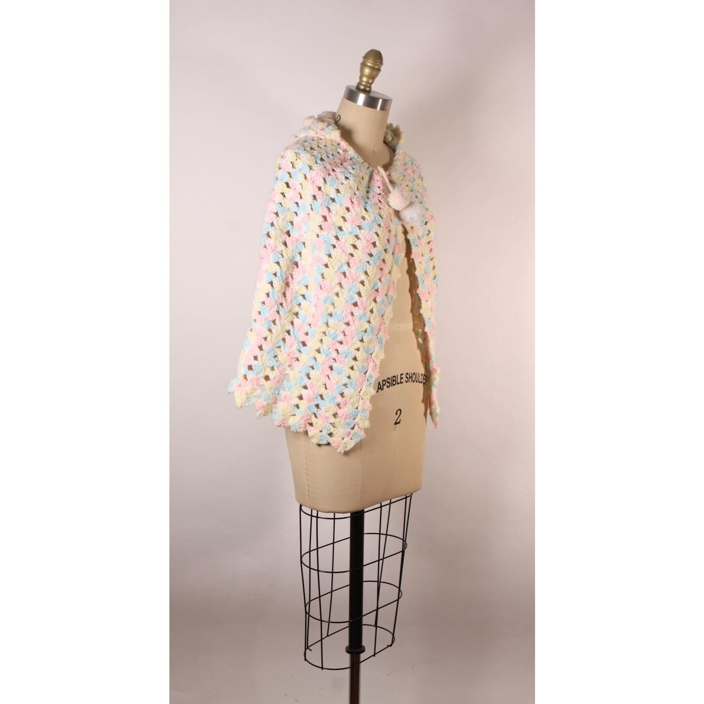 Late 1960s Early 1970s Pastel Pink, Blue and Yellow Crochet Pom Pom Hooded Hood Shawl Wrap