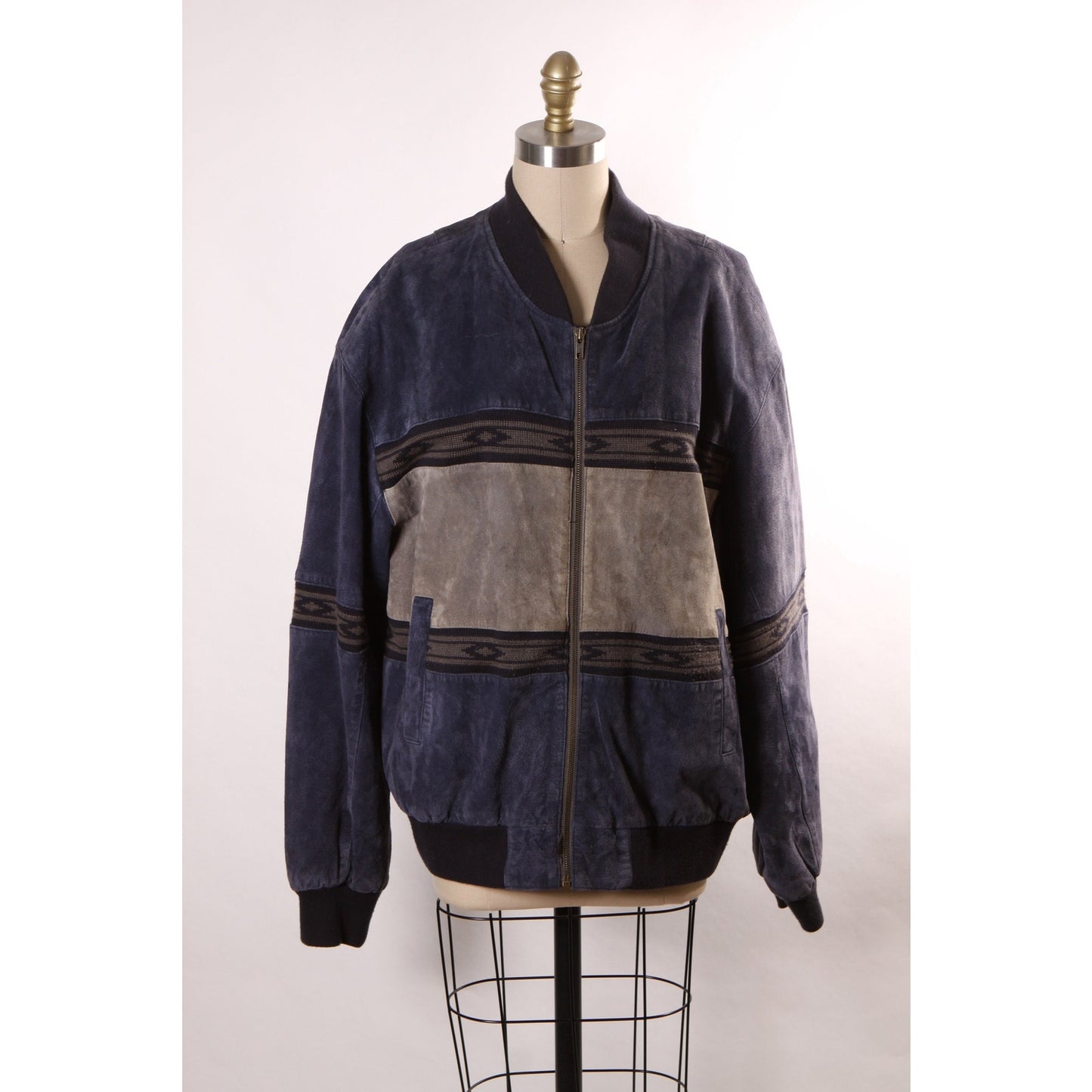 1980s Navy Blue and Gray Suede Leather Western Long Sleeve Zip Up Front Coat by Scully -L