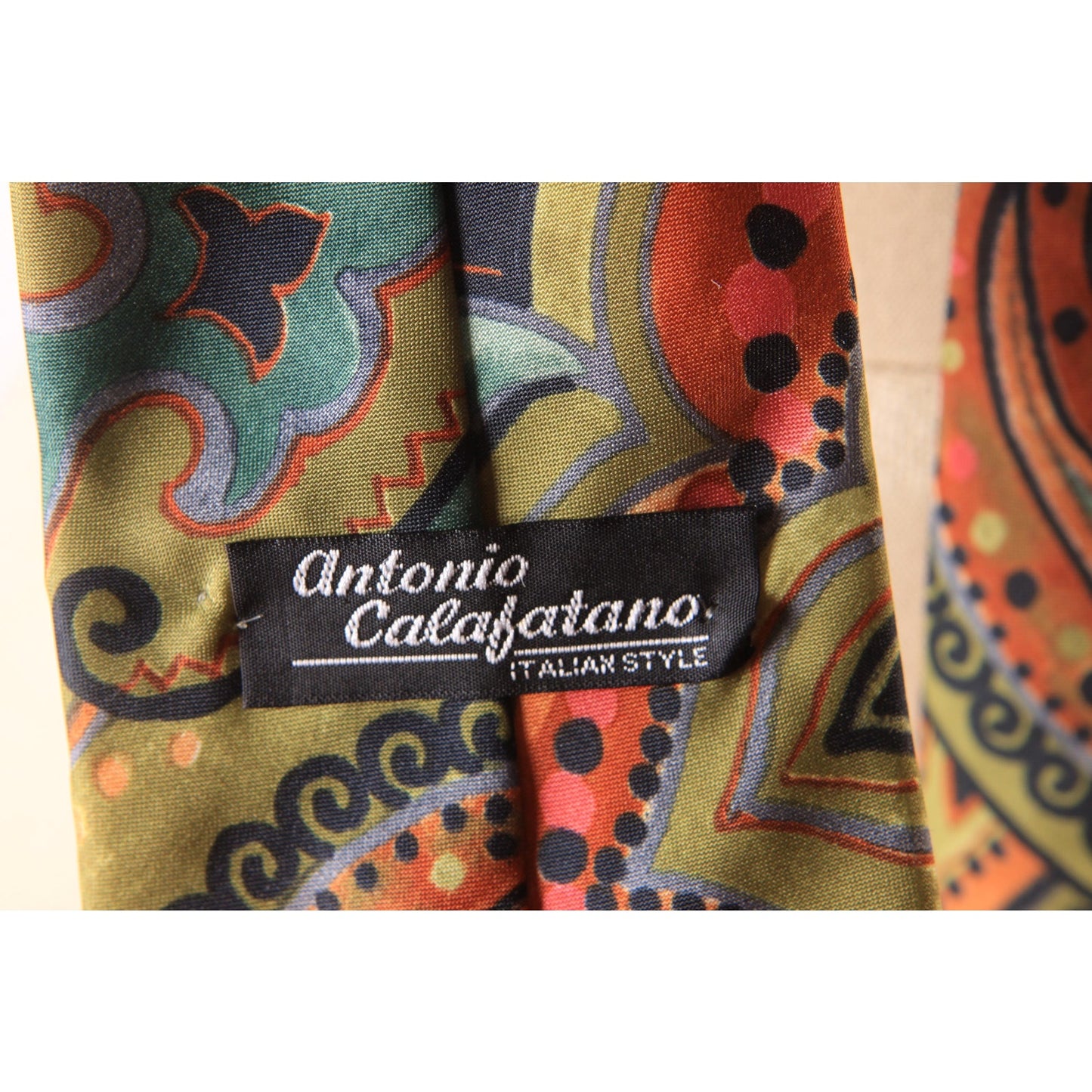 1970s Green, Blue, Pink Multi-Colored Paisley Print Necktie by Antonio Calafatano