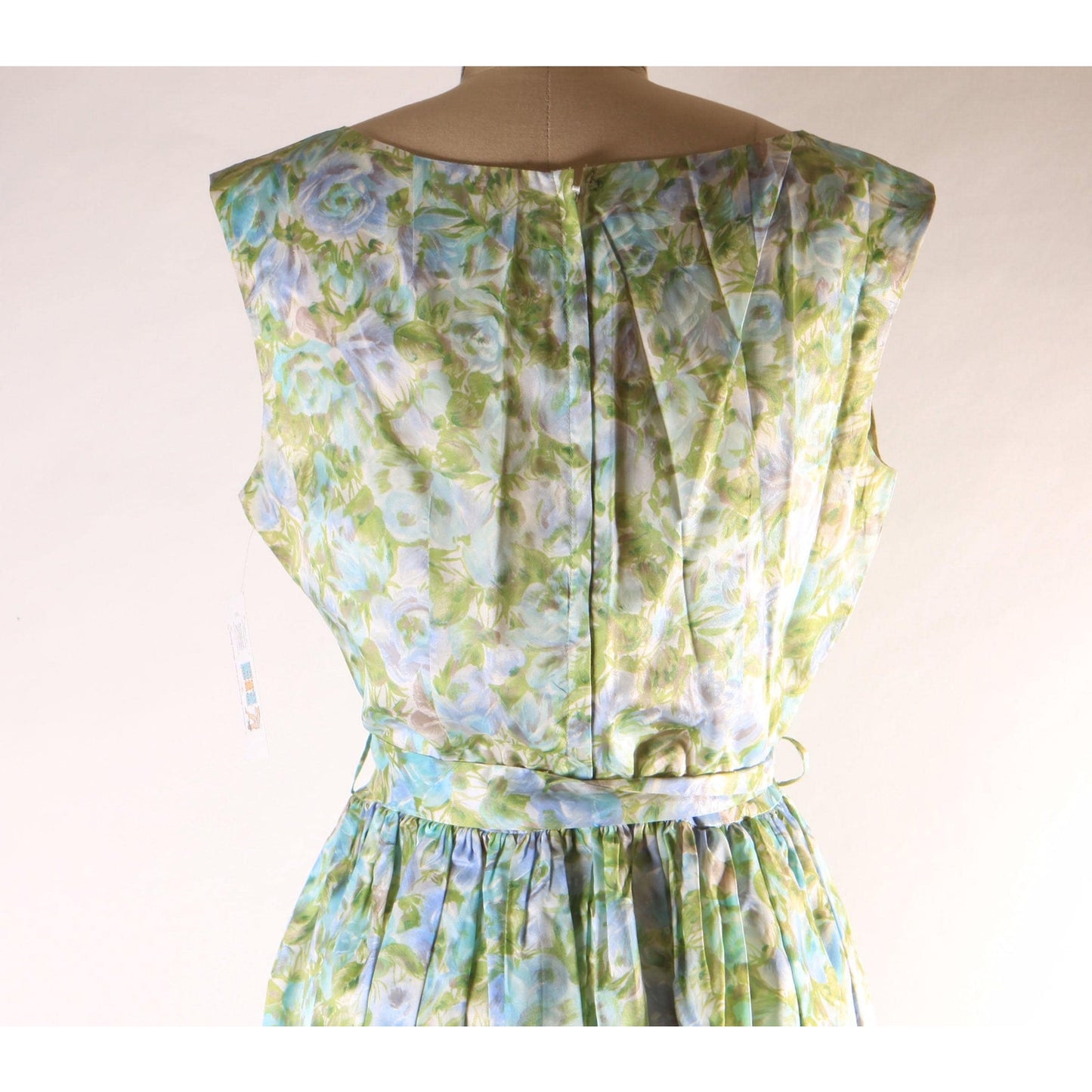 1950s Blue and Green Floral Sleeveless Belted Flared Dress