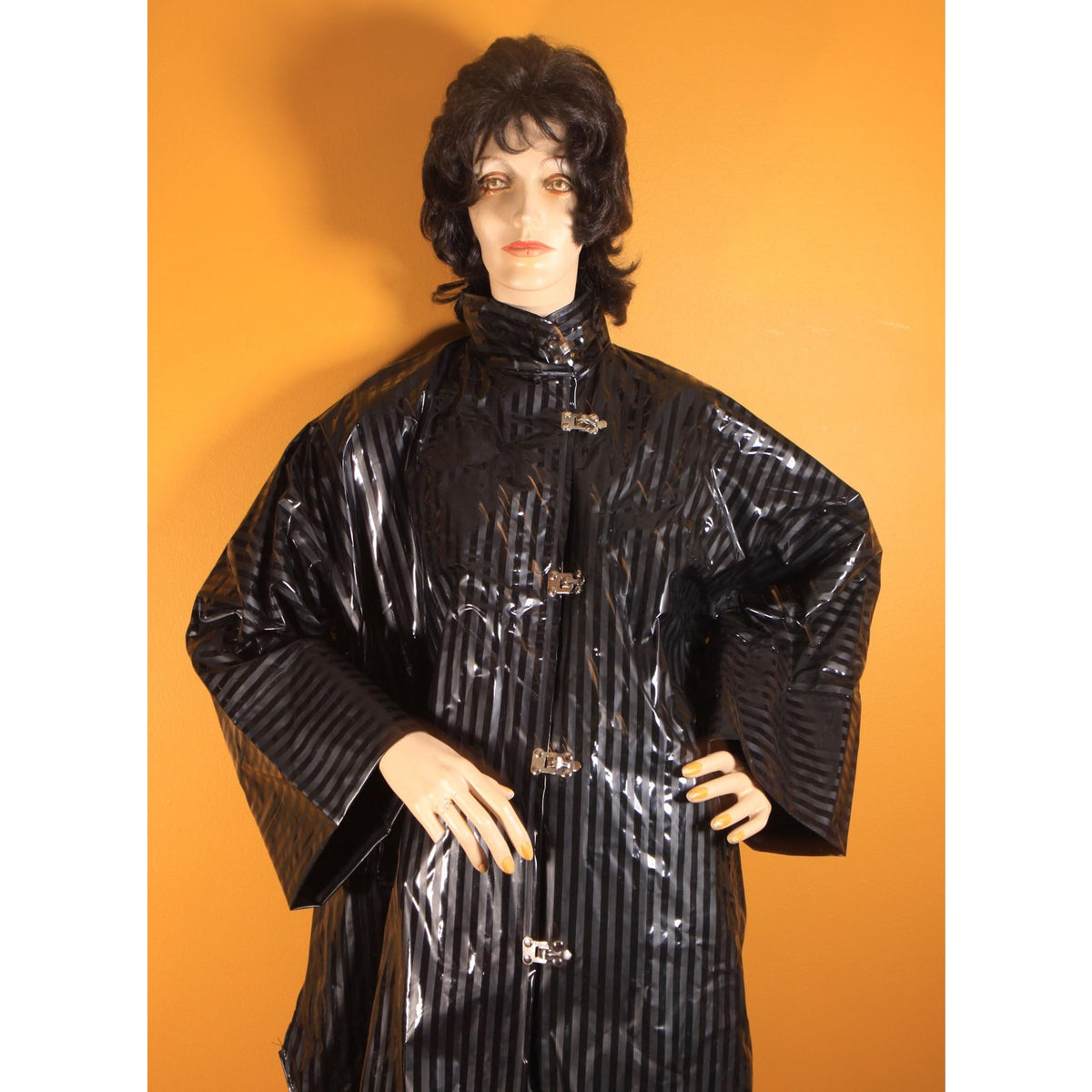 1980s Black Striped Long Sleeve Vinyl Metal Hardware New Wave Goth Raincoat by Waterfalls