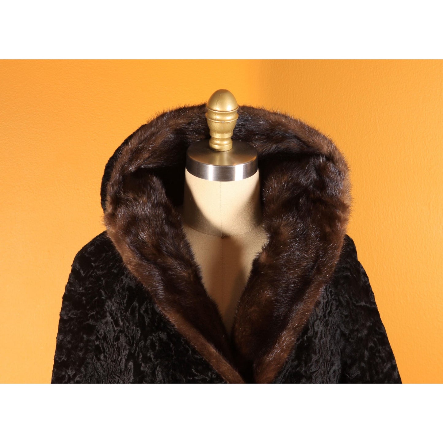 1950s Black Persian Lamb and Brown Mink Fur Trim Coat by Parker -M-L