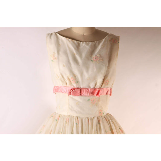 1950s Cream, Pink and Green Velvet Flocked Floral Pink Bow Detail Sleeveless Dress