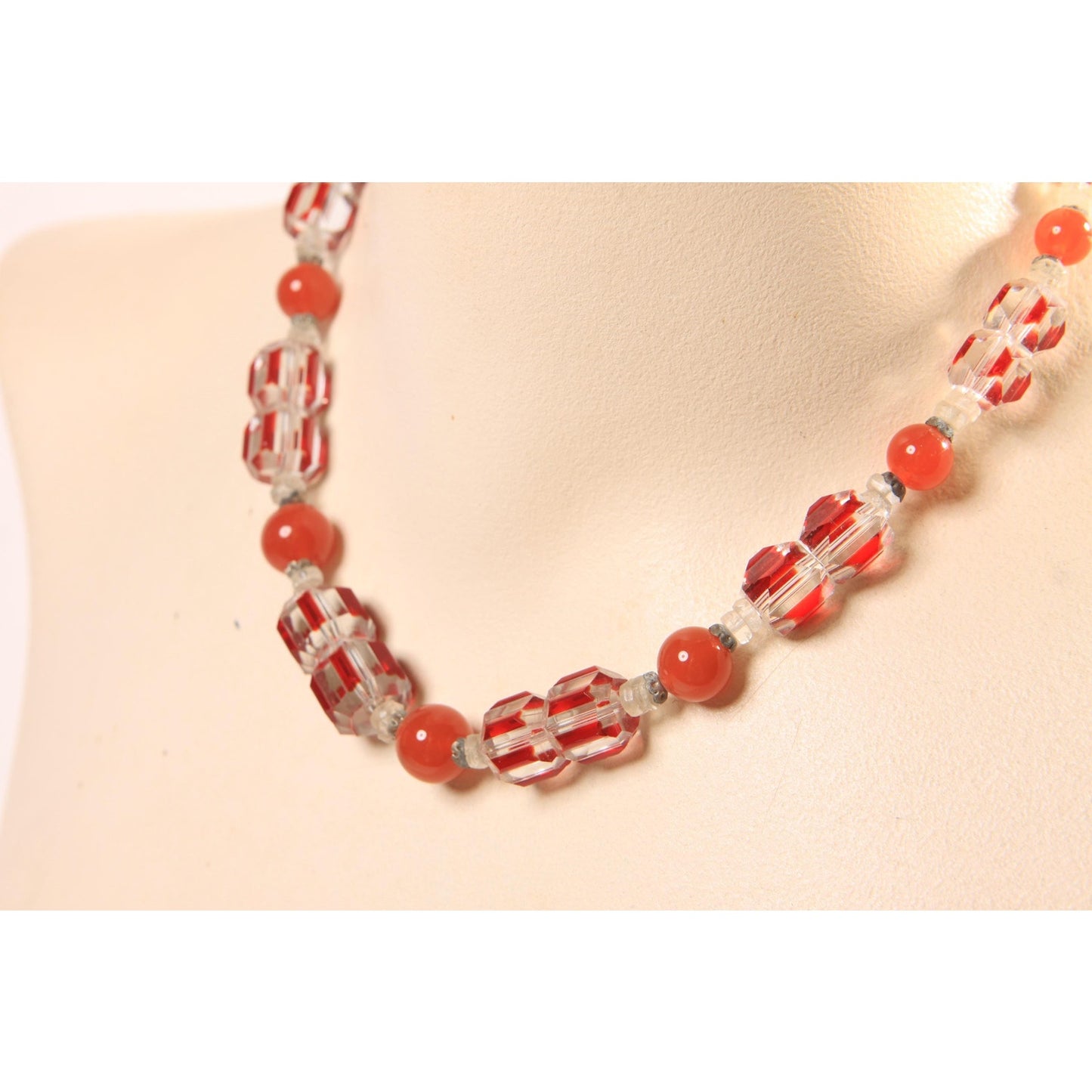 Vintage Clear, Orange and Red Faceted Glass Beaded Necklace