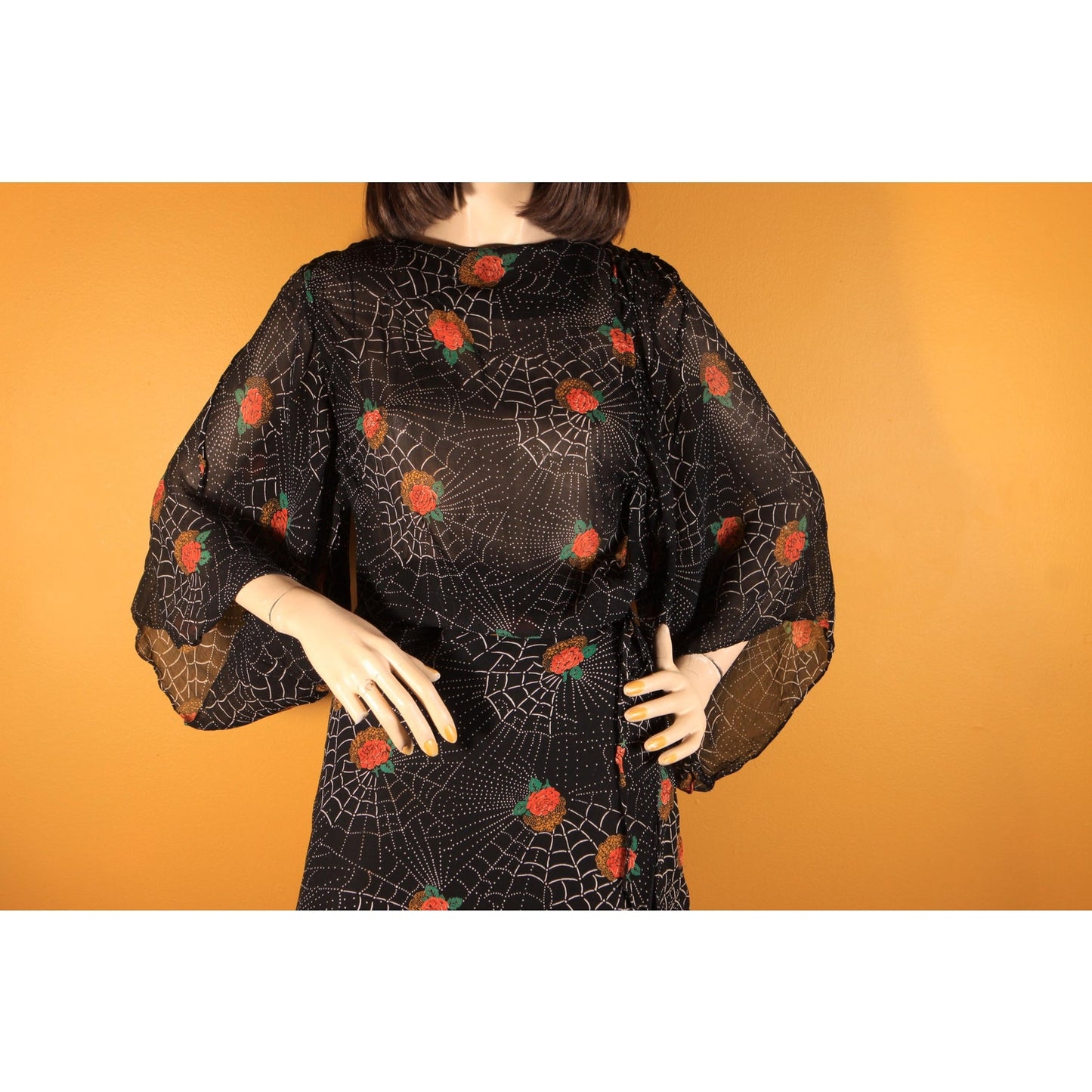 1970s Black, White and Red Novelty Spiderweb and Roses Print Sheer Dress by Saba -S