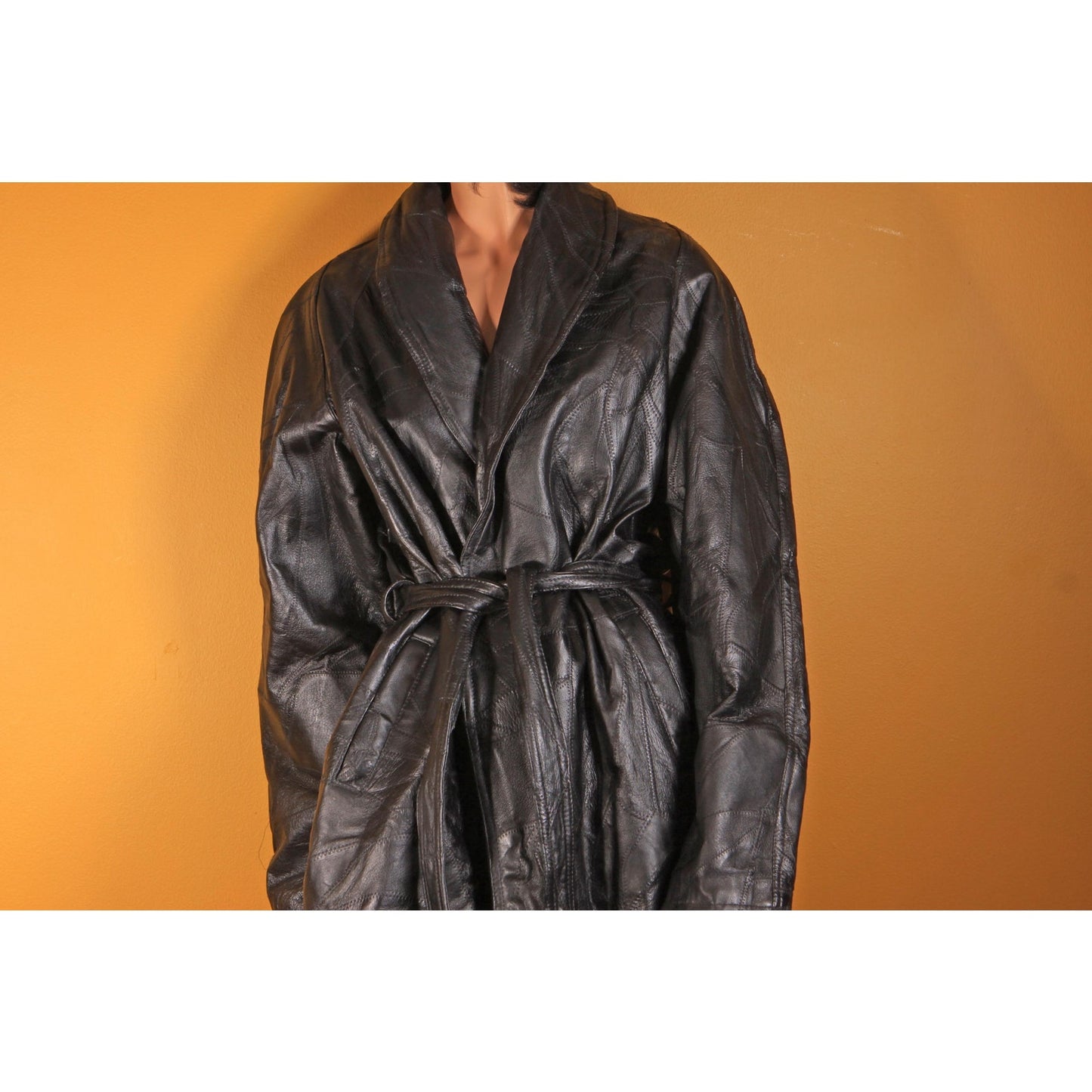1980s Black Leather Patchwork Long Sleeve Coat - XXL