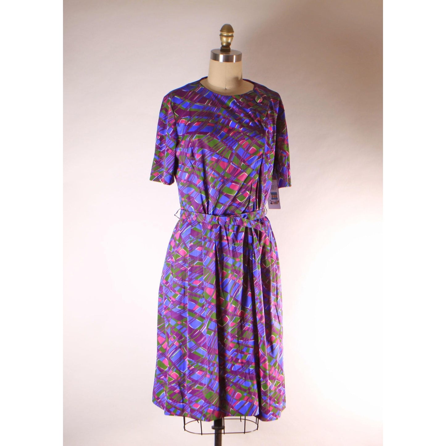 1960s Purple, Pink and Green Abstract Plaid Psychedelic Short Sleeve Belted Dress by Casualmaker -L