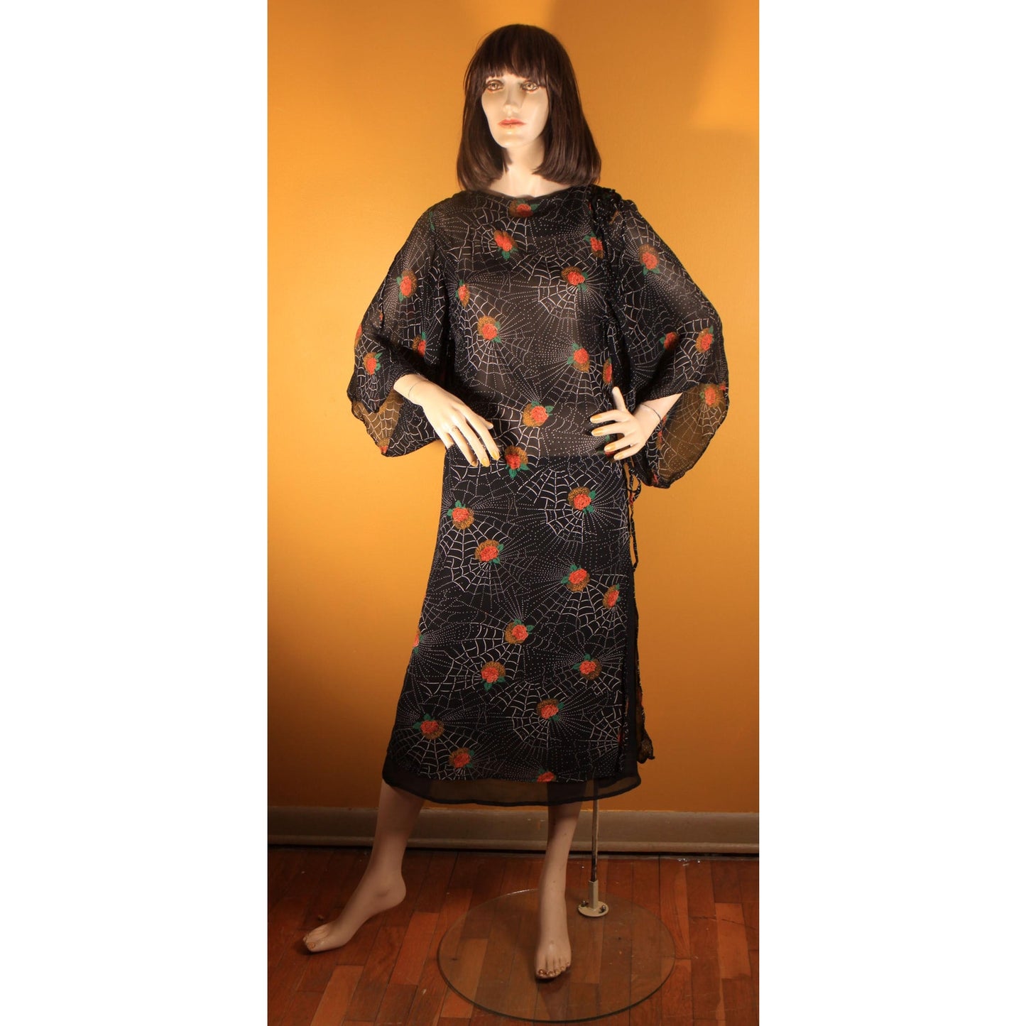 1970s Black, White and Red Novelty Spiderweb and Roses Print Sheer Dress by Saba -S