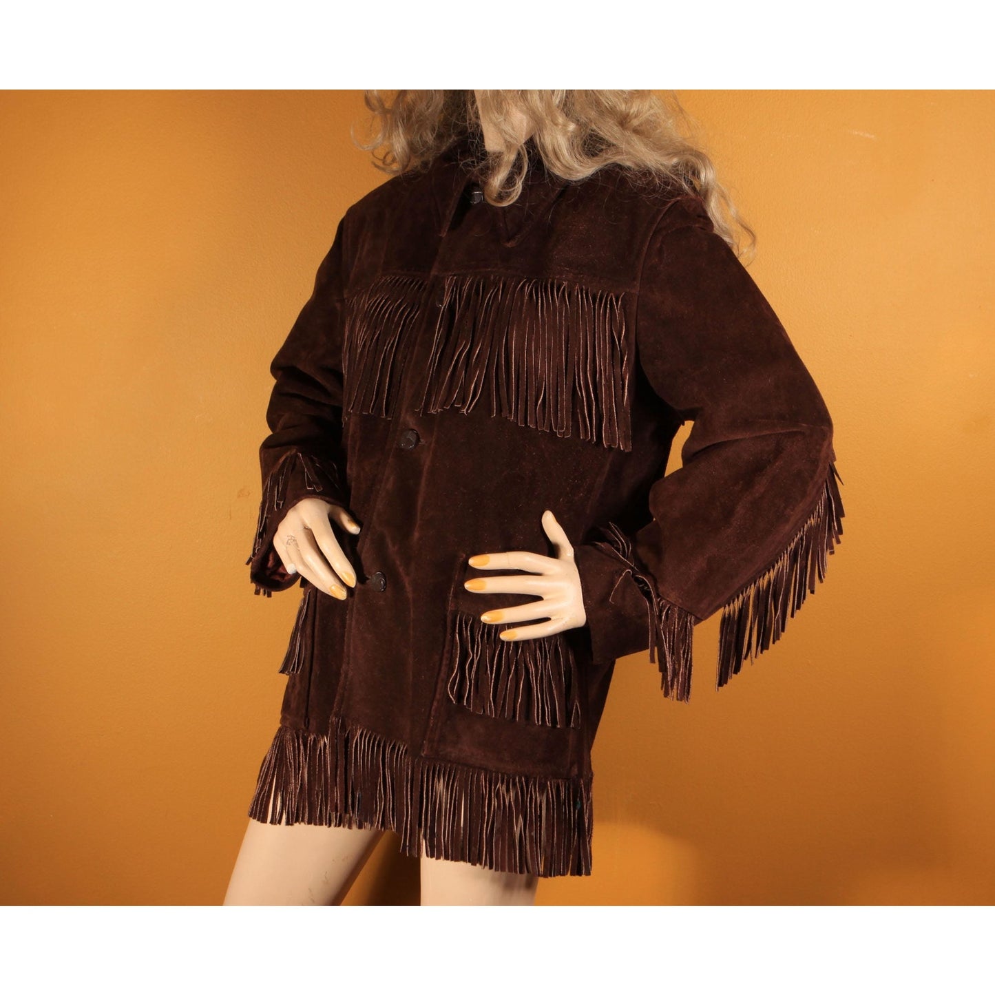 1970s Dark Brown Long Sleeve Fringe Western Suede Leather Mens Coat by Rice Sports Wear -M-L