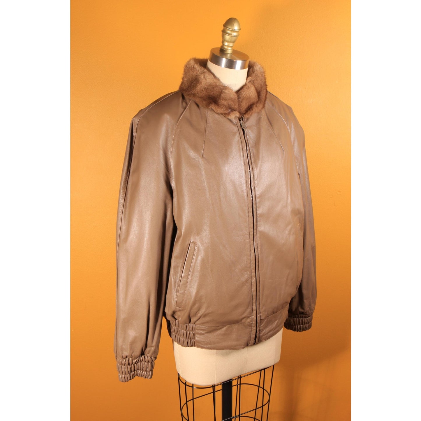 1980s Brown Mink Fur and Tan Leather Reversible Bomber Jacket Coat -M-L