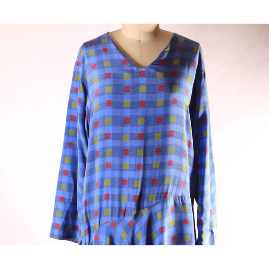 1970s Long Sleeve Blue, Black, Red and Yellow Asymmetrical Drop Waist V Neck Geometric Plaid Dress by Valentino