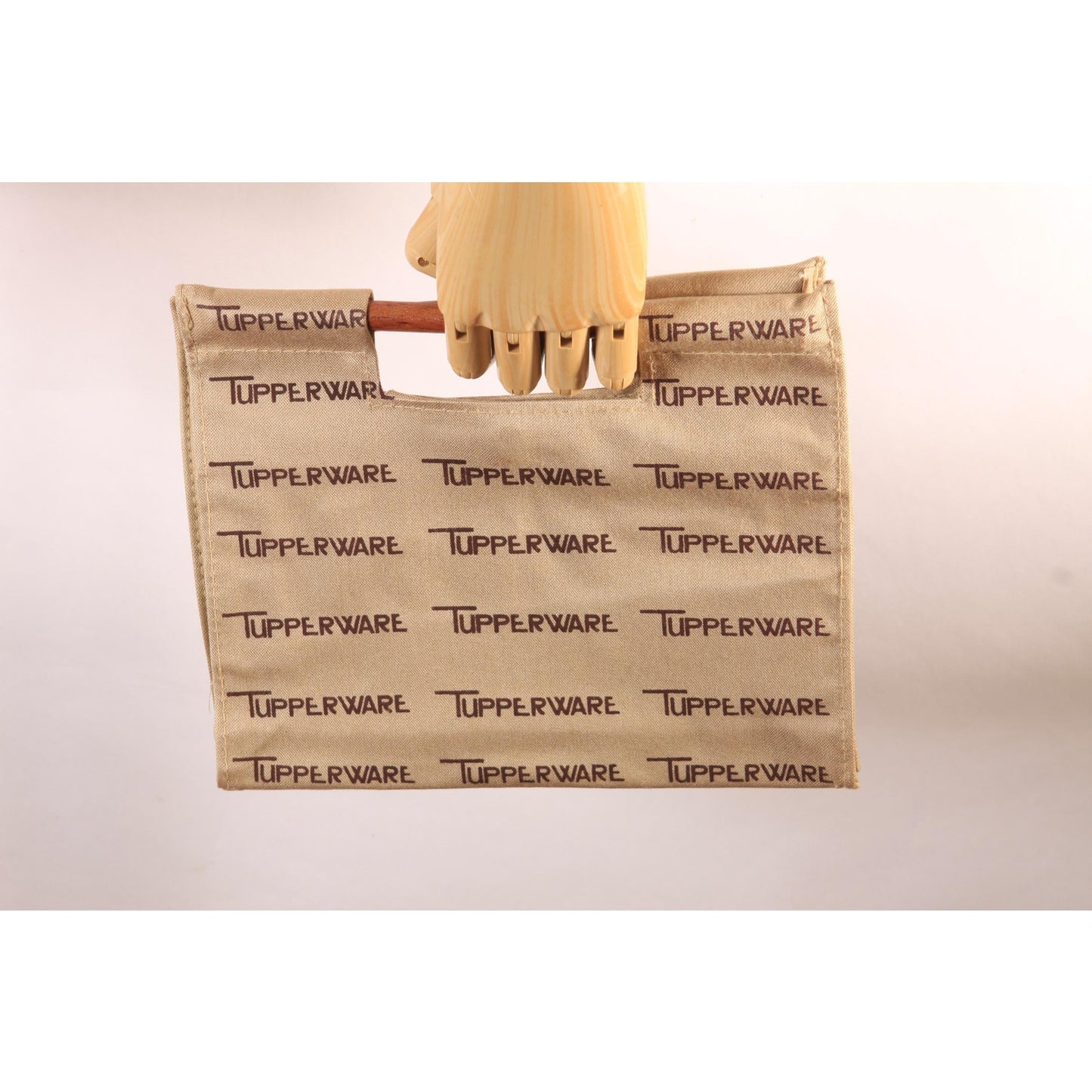 Deadstock 1970s Tan and Brown Novelty Tupperware Advertisement Wood Top Handle Purse Bag
